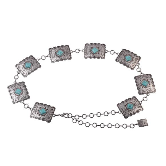 Western Southwestern Silver Turquoise Square Concho Chain Belt - Picture 1 of 2